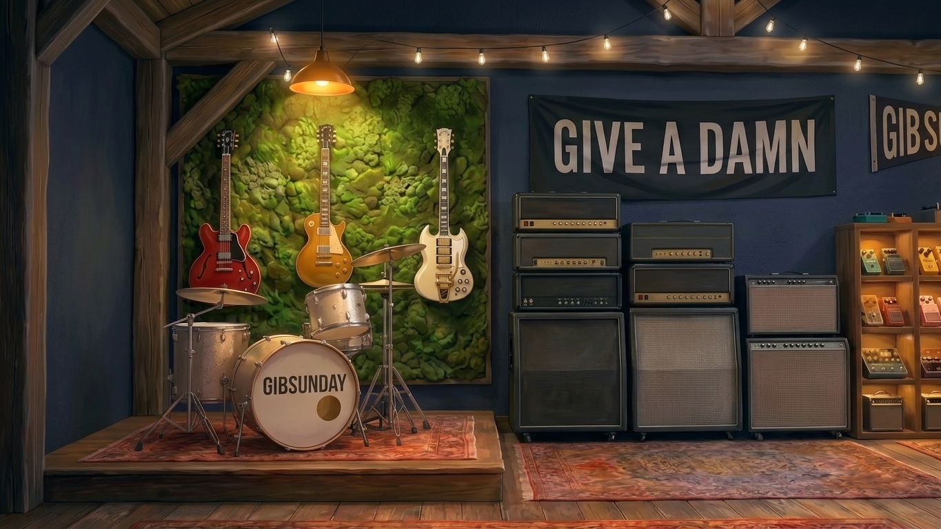 Painted detail of the back wall: GIVE A DAMN banner above the amp stack, with the GIBSUNDAY pennant beside it.