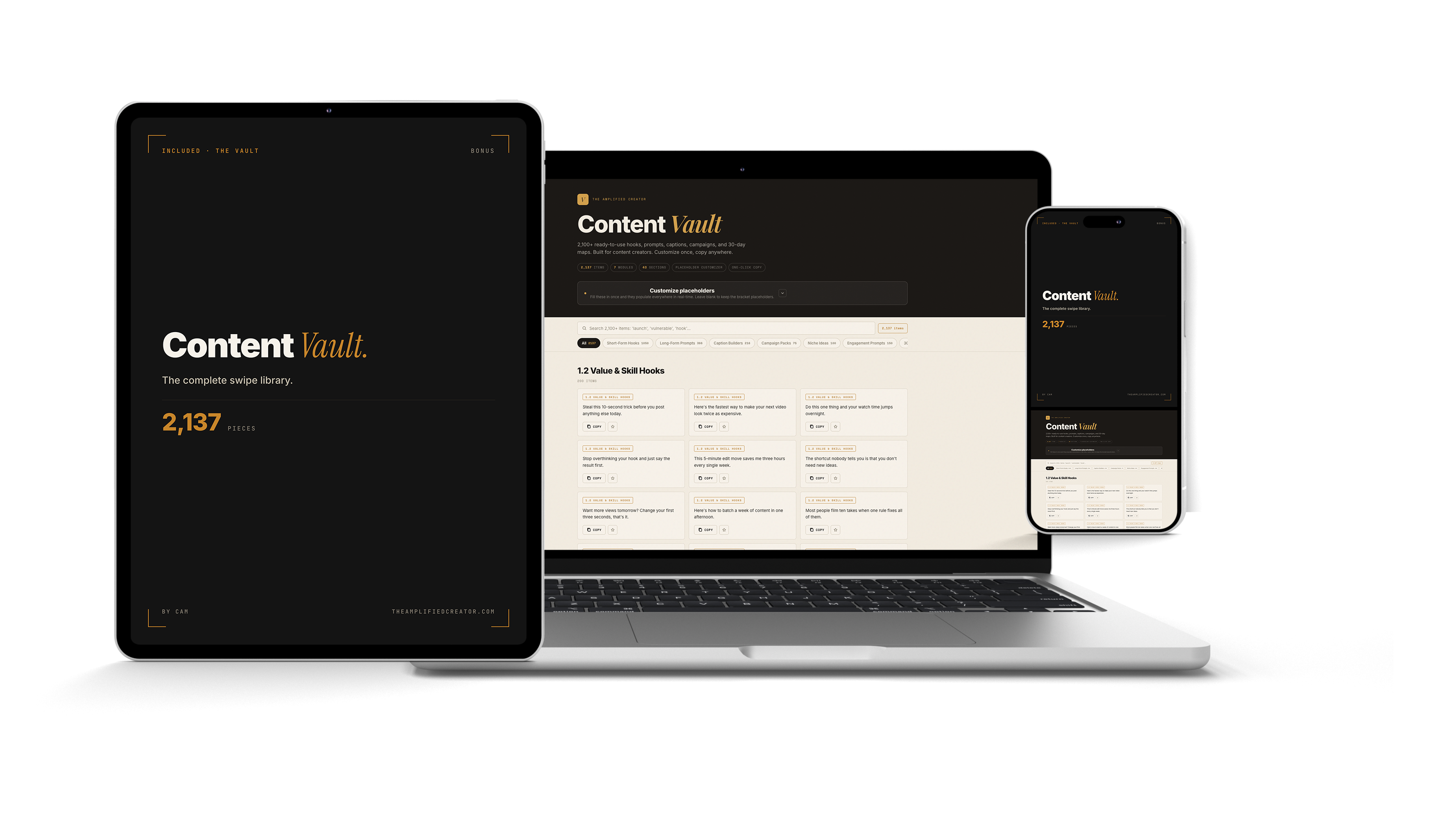 The Creator Content Vault shown on a tablet, laptop, and phone
